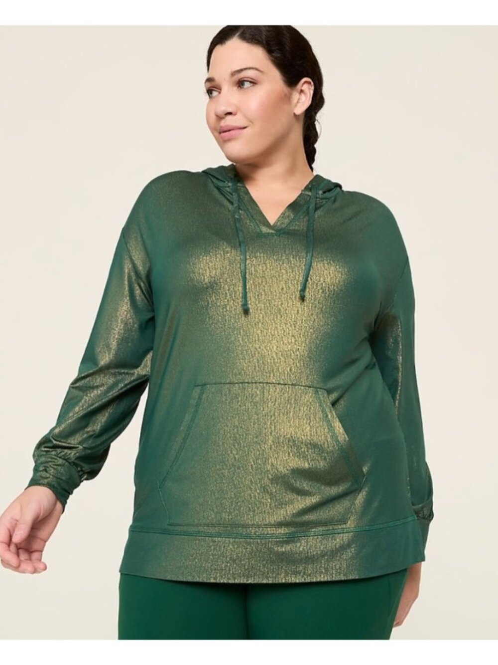 NEW LIVI Lane Bryant Sparkle V-Neck Soft Hoodie Dark Green Pull-Over Loungewear
